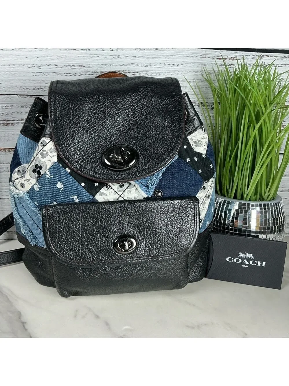 Coach Bag Black and Blue Denim Skulls Quilted Patchwork Turnlock Backpack School